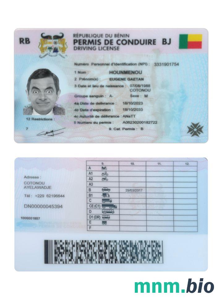 Szablon prawa jazdy Benin w formacie PSD, ze wszystkimi czcionkami